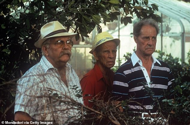 Wilford Brimley (far left), Hume Cronyn (center), and Don Ameche (right) are seen above in the film Cocoon, the 1985 sci-fi comedy drama directed by Ron Howard