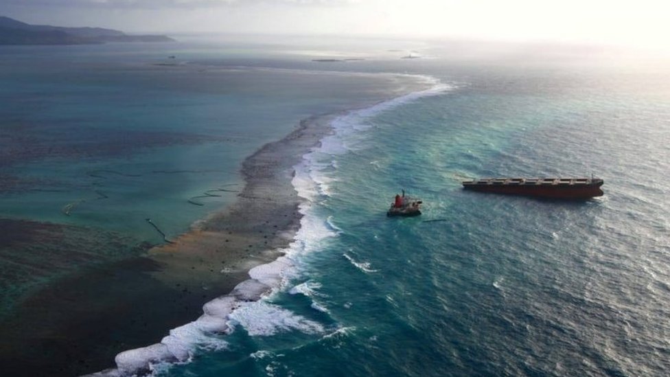 A Japanese bulk carrier MV Wakashio, that has struck a coral reef causing an oil spill, is seen in Mauritius, in this undated aerial picture obtained from social media on August 18, 2020