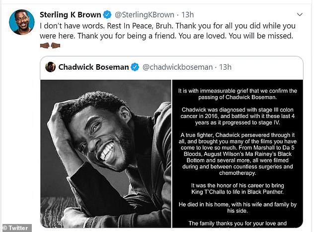 RIP: In response to the devastating news, Sterling K. Brown also reflected on Boseman, who he starred alongside in Black Panther and the 2017 film Marshall