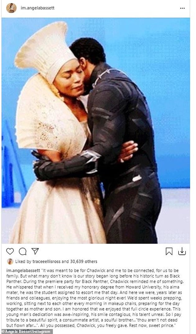 The queen: Bassett, who portrayed Chadwick's mother/the queen in Black Panther, wrote on Instagram that 'it was meant to be for Chadwick and me to be connected, for us to be family'