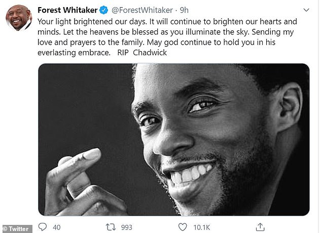 Heartbreaking: Additionally, Forest Whitaker, who played Zuri in the 2018 American superhero film, took to Twitter to say Boseman's light 'brightened our days'