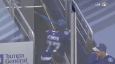 Victor Hedman attempts to break metal railing after suffering apparent ankle injury
