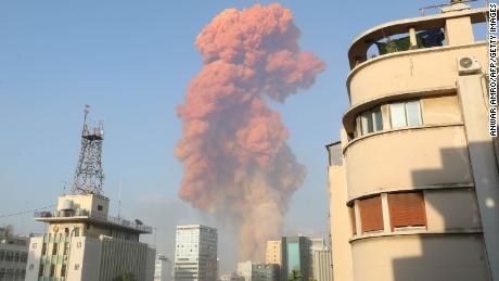 Plumes of smoke from the explosion rise above Beirut on Tuesday August 4, 2020.
