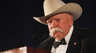 Brimley is seen above speaking at a gala honoring Harrison Ford in Universal City, California, in September 2011