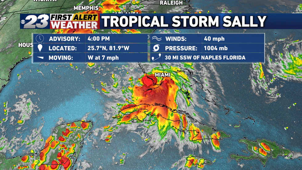 As of 4 p.m. Saturday, Tropical Storm Sally is sitting 30 miles SSW of Naples, Florida.