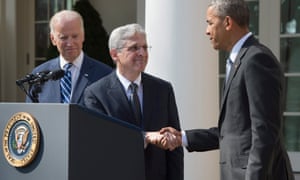 Barack Obama and Joe Biden with Merrick Garland, Obama’s supreme court nominee.
