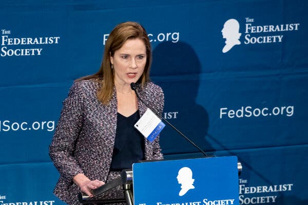 Amy Coney Barrett, a judge on the Seventh Circuit Court of Appeals, speaking at the Federalists Society’s 2019 National Lawyers Convention.