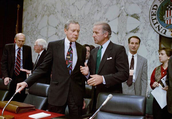 Joseph R. Biden Jr. in 1993, as Senate Judiciary Committee chairman, with his fellow committee member Orrin Hatch during the Supreme Court confirmation hearing for Ruth Bader Ginsburg.