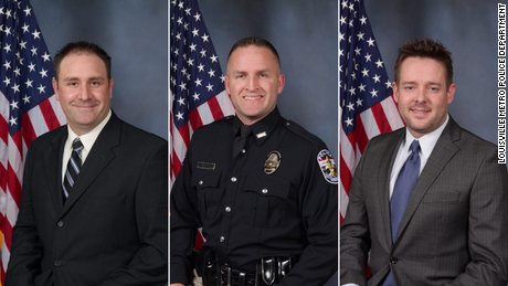 Louisville police officers Myles Cosgrove, Brett Hankison and Jonathan Mattingly. Hankison was fired by Louisville&#39;s police chief for his role in the shooting.