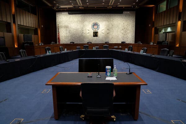 The hearing room for the Senate Judiciary Committee is prepared in the Hart Senate Office Building in Washington D.C. on Sunday, October 11, 2020.