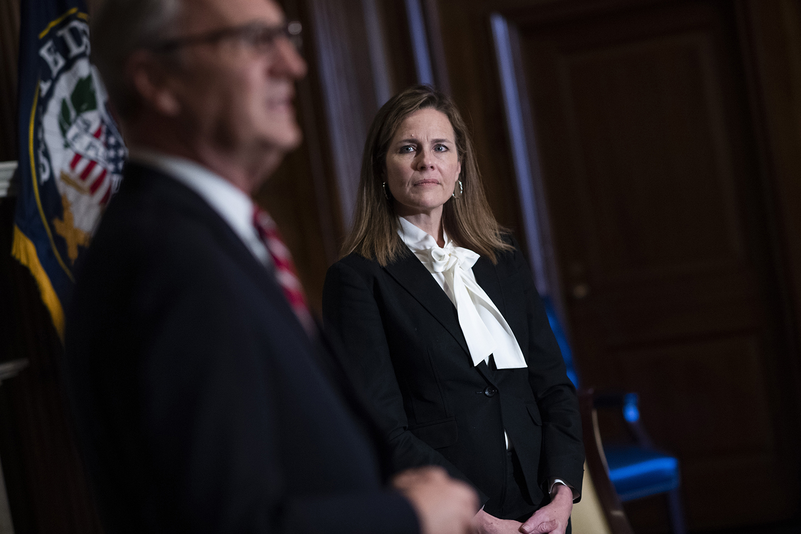 Seventh U.S. Circuit Court Judge Amy Coney Barrett, President Trump's pick for the Supreme Court, meets with Sen. Kevin Cramer in the Mansfield Room of the U.S. Capitol on October 1 in Washington. 