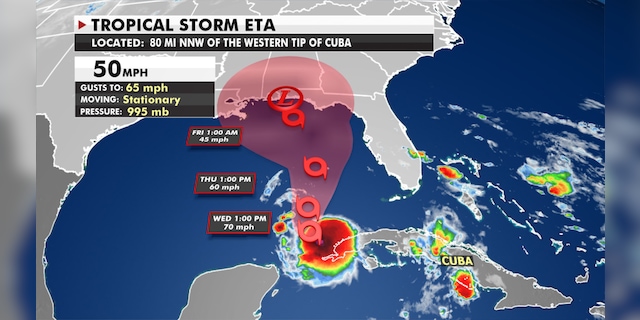 The forecast track of Tropical Storm Eta.