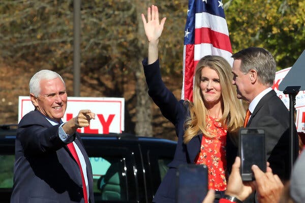 Senator Kelly Loeffler of Georgia at an election event on Friday with the state’s other senator, David Perdue, and Vice President Mike Pence.