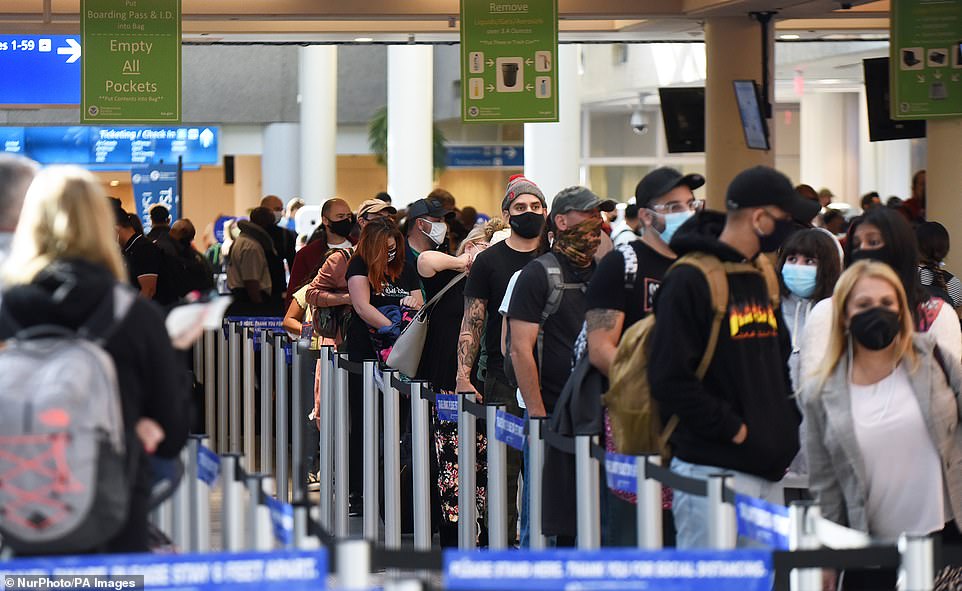 People wait in line at a TSA security checkpoint at Orlando International Airport on Thanksgiving eve Wednesday. By next Sunday, it is estimated that 6.3 million would have flown in the days before and after Thanksgiving, according to forecasts from the AAA and based on current figures