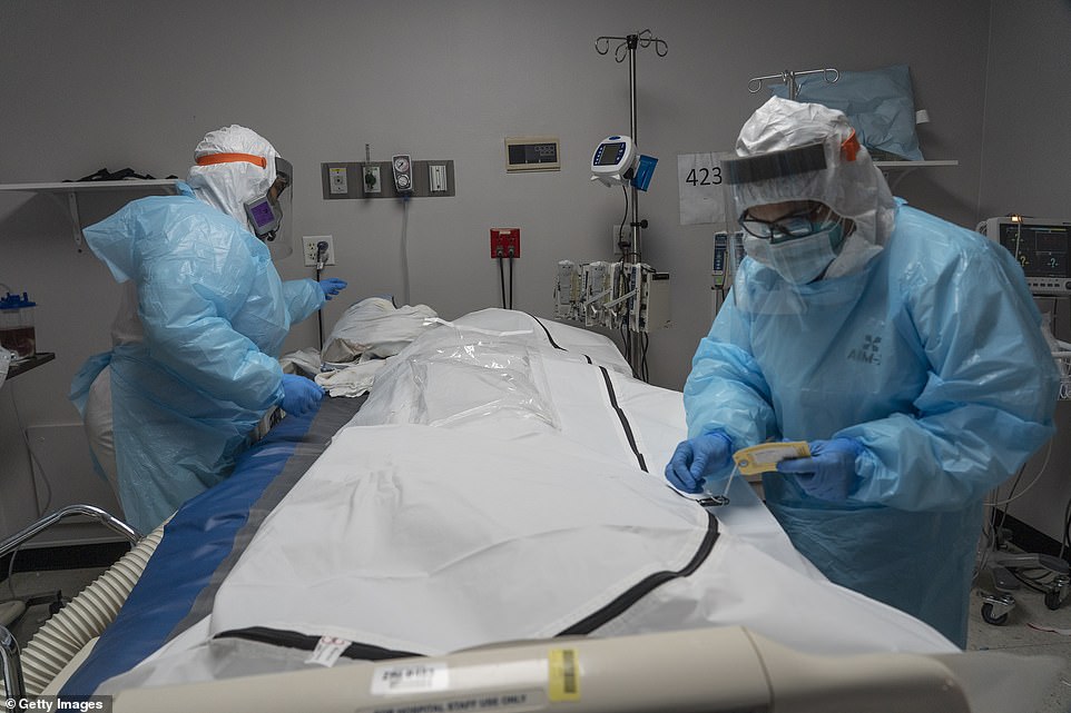 Medical staff members close the zipper of a body bag that contains a deceased COVID-19 patient's body in the COVID-19 intensive care unit at the United Memorial Medical Center on Monday in Houston, Texas
