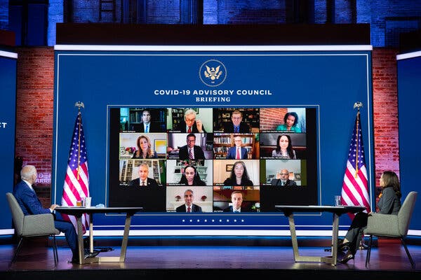 President-elect Joseph R. Biden Jr. and Vice President-elect Kamala Harris meeting with their newly appointed Covid-19 advisory council in Wilmington, Del. on Monday.