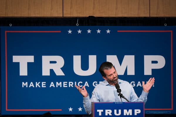Donald Trump Jr. at a rally in Minnesota in September. President Trump is said to be considering pardons for some of his children and closest associates. 