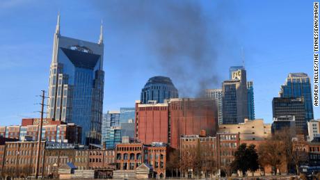 Smoke rises from downtown Nashville after an explosion.
