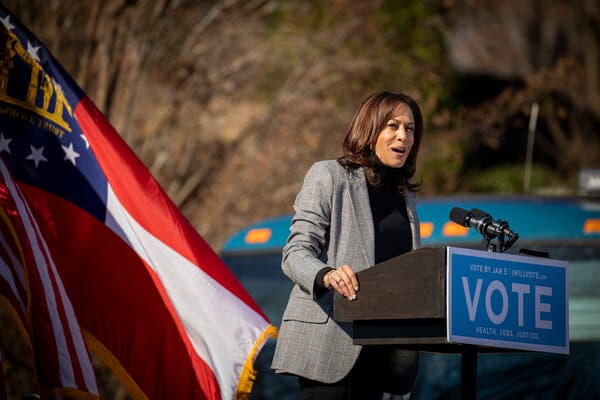 Vice President-elect Kamala Harris at a rally in Georgia on Dec. 21. She plans to return to the state on Sunday.