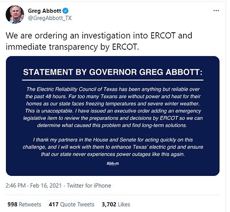 Governor Gregg Abbot has demanded investigation into grid manager, the Electric Reliability Council of Texas