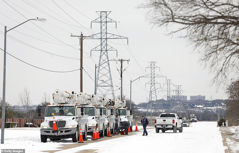 Pike Electric service trucks line up after a snow storm on Tuesday in Fort Worth, Texas