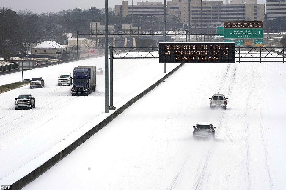 North Jackson, Mississippi: A snowy Interstate 55 pictures Monday. There have been record subzero temperatures in Texas and Oklahoma