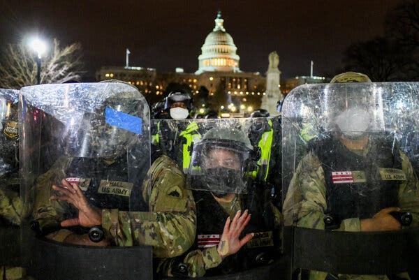 National Guard troops at the Capitol after it was overtaken by a mob of Trump supporters on Jan. 6. Their deployment was not approved for hours after the riot began.