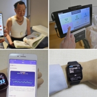 Clockwise from top left: A man wearing Mitsufuji Corp.'s shirt that monitors heart rates; Paramount Bed Co.'s 'smart bed system,' with a patient lying in a bed that measures respiratory and heart functions; Apple Inc.'s Apple Watch; and Fitbit Inc.'s smartwatch. | KYODO