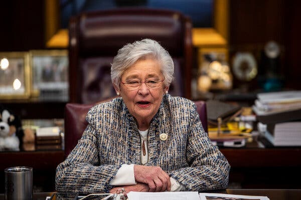 Alabama Gov. Kay Ivey speaks with reporters at the Alabama State Capitol building in Montgomery, Ala., on Wednesday.
