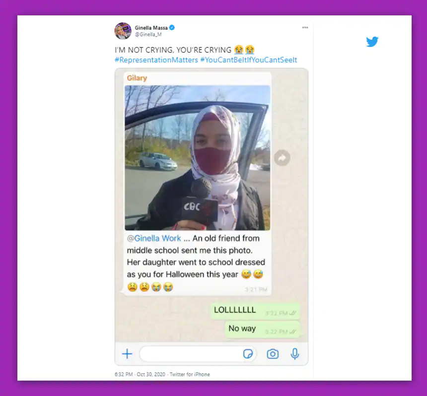 Tweet shows image of girl in hijab holding microphone. Caption from Ginella Massa says I'm not crying, you're crying #Representation Matters #You Can't Be It If You Can't See It