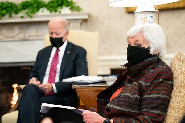 Treasury Secretary Janet Yellen in the Oval Office in January. On Monday, she said she didn’t believe President Biden’s stimulus package would cause higher inflation.