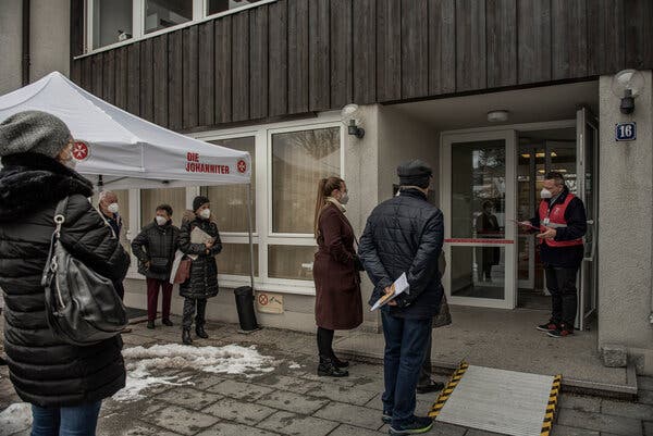 A line for vaccines in Munich, earlier this week. Only about 10 percent of Europeans have received a first dose.