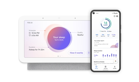 Google's Nest Hub smart display and Google Fit app with screenshots of sleep tracking feature