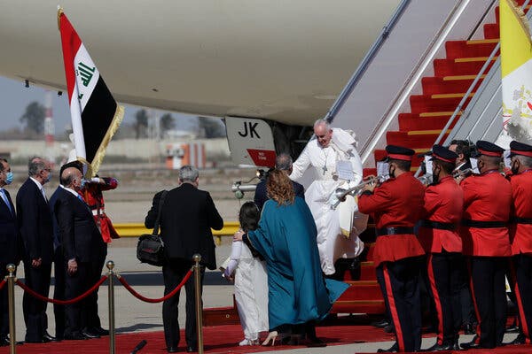 Pope Francis arriving at Baghdad International Airport on Friday.