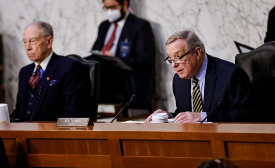 Senate Judiciary Chair Sen. Dick Durbin, D-Ill., will preside over a committee hearing Tuesday on gun background check legislation that passed the House on March 11.