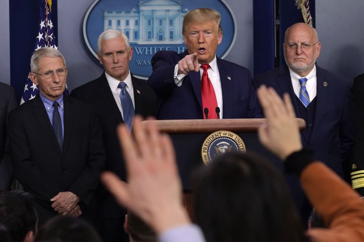 Then-President Donald Trump is seen speaking at a press conference in February 2020. A review of the Centers for Disease Cont