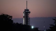 The SpaceX Falcon 9 rocket and Crew Dragon capsule at Kennedy Space Center in Florida on Thursday ahead of the spacecraft’s launch.
