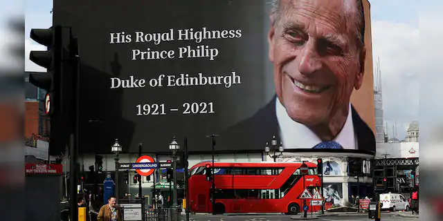 A tribute to Britain's Prince Philip is projected onto a large screen at Piccadilly Circus in central London on April 9.
