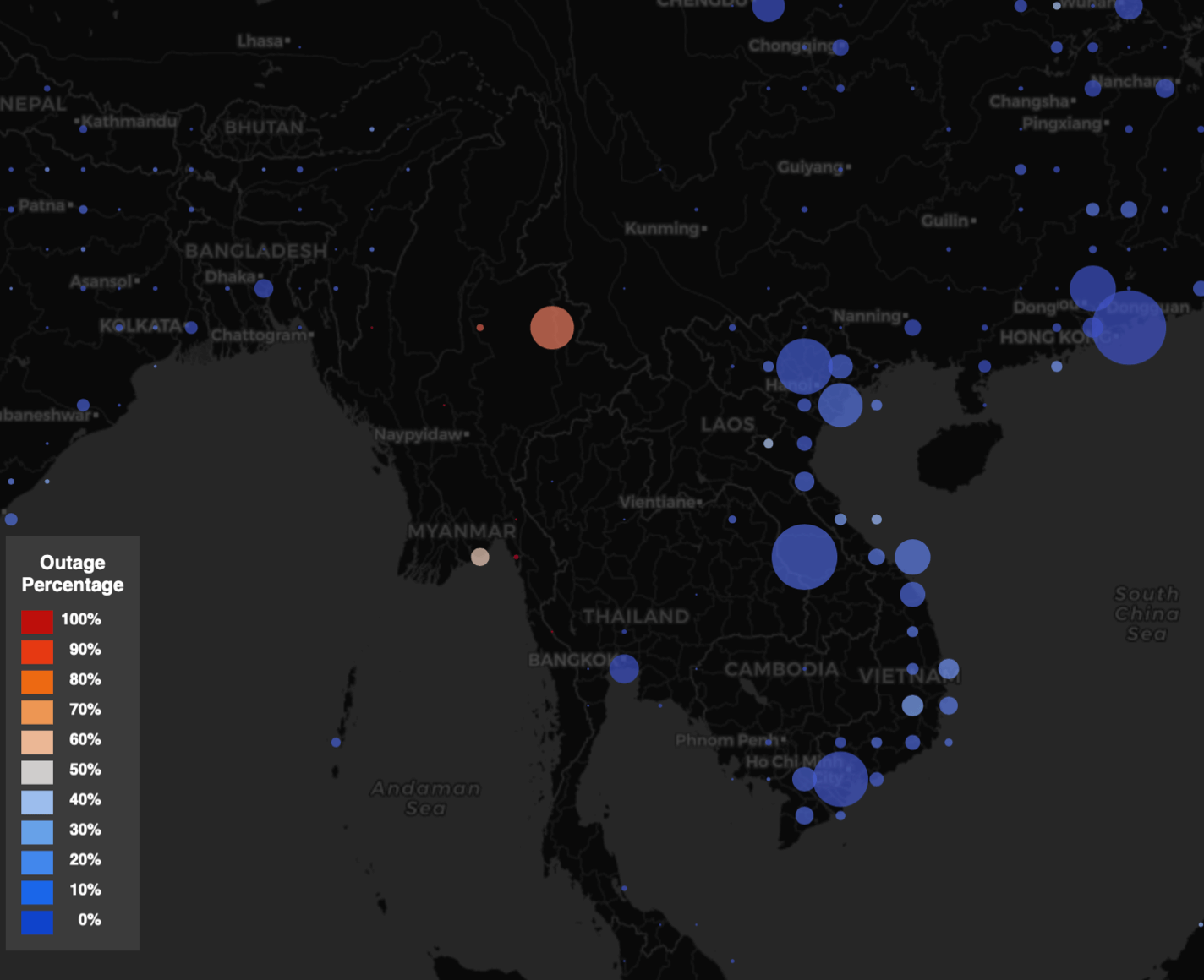 A map of internet outage across Myanmar and neighboring regions through Trinocular.