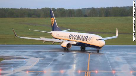 A photo taken on May 23, 2021 shows a Boeing 737-8AS Ryanair passenger plane from Athens, Greece, that was intercepted and diverted to Minsk on the same day by Belarus authorities