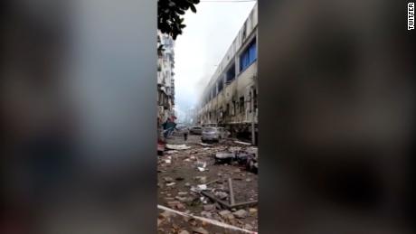 The aftermath of the explosion in Shiyan city, Hubei province.