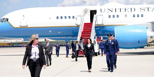 Vice President Kamala Harris deplanes Air Force Two after a technical issue forced the aircraft to return and land at Andrews Air Force Base, Md., Sunday, June 6, 2021, as she was en route to Guatemala City. 