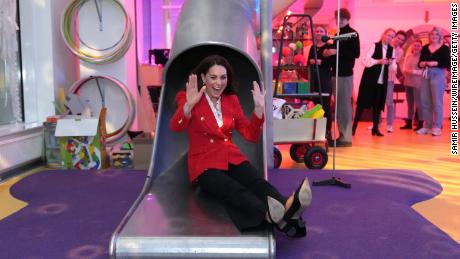 The Duchess of Cambridge uses a slide during a visit to the LEGO Foundation PlayLab on February 22 in Copenhagen, Denmark. 