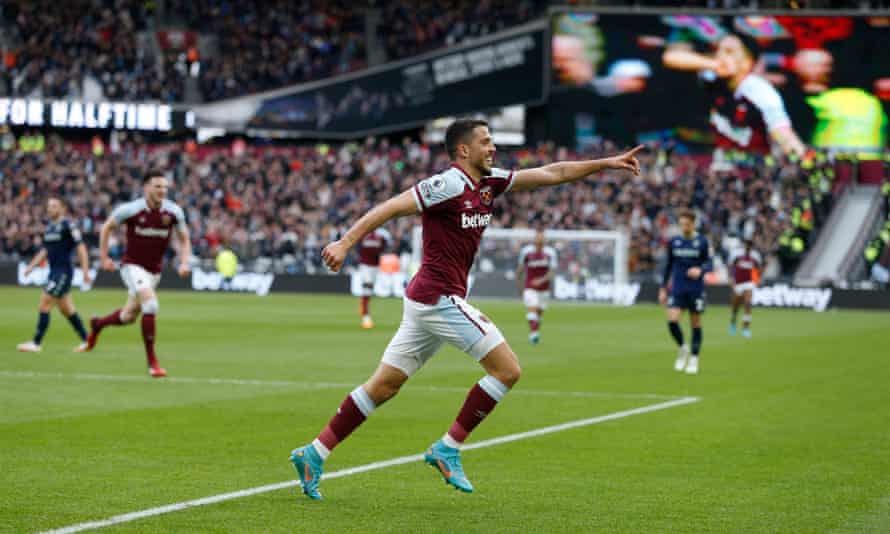 Pablo Fornals sprints to the corner flag after scoring West Ham’s second goal