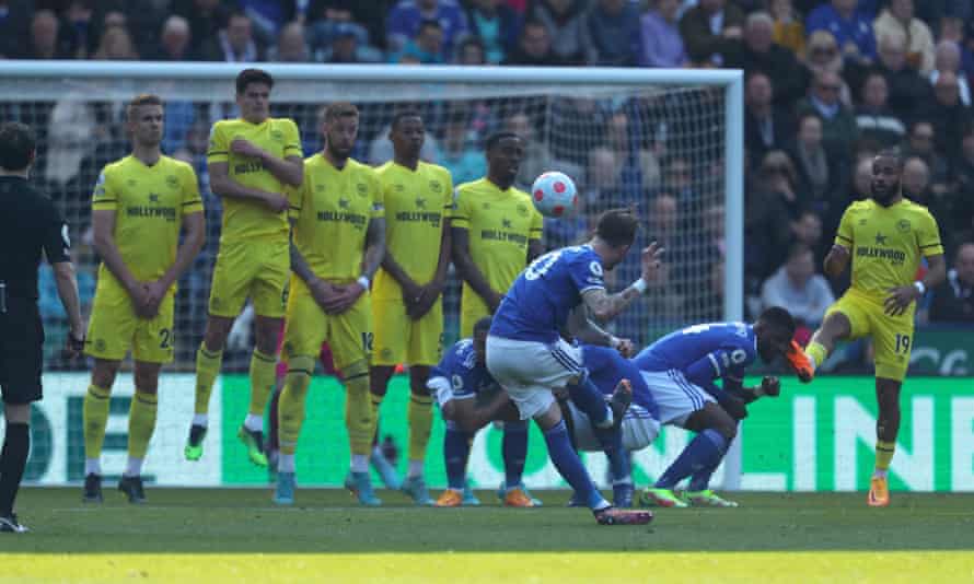 James Maddison scores Leicester’s second with a free-kick
