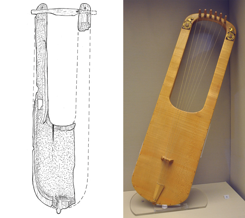 BELOW The Dzhetyasar instrument (LEFT) is remarkably similar to the lyre found at Sutton Hoo, a reconstruction of which is shown here (RIGHT), and