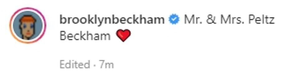 Happy: The aspiring chef, 23, shared the snap which saw his bride, 27, wow in a stunning Valentino white dress adorned with an evil eye symbol, along with the caption: 'Mr. & Mrs. Peltz Beckham ❤'