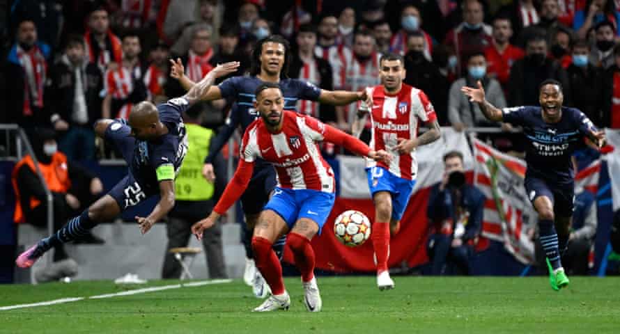 Manchester City’s Fernandinho (left) is fouled by Atletico Madrid’s Matheus Cunha (second left).