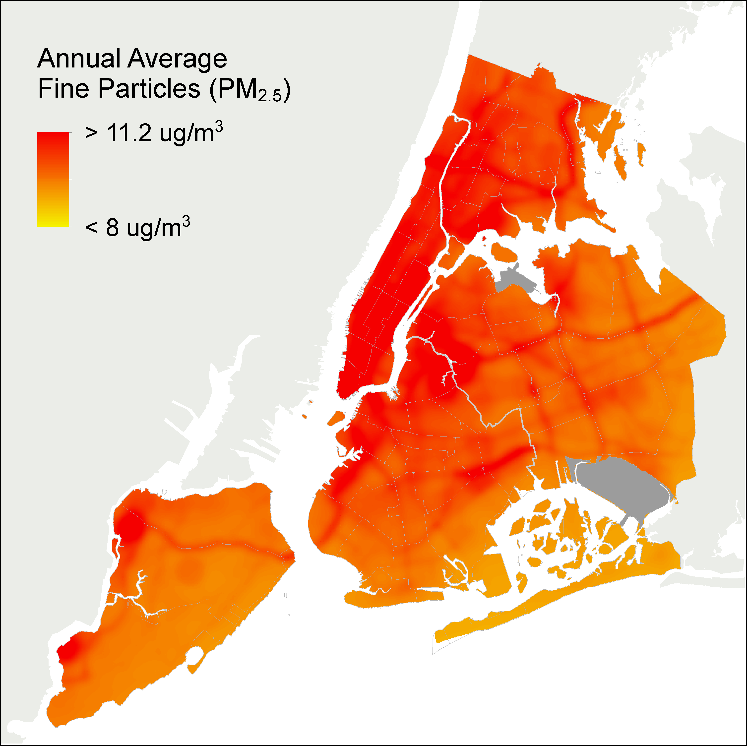 A chart showing a lower level of fine particular matter throughout NYC