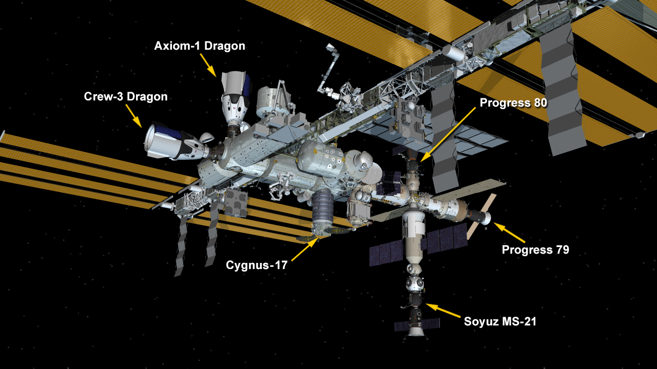 International Space Station Configuration. Six spaceships are parked at the space station including the SpaceX Dragons Endurance and Endeavour; the Northrop Grumman Cygnus space freighter; and Russia's Soyuz MS-21 crew ship and the Progress 79 and 80 resupply ships.